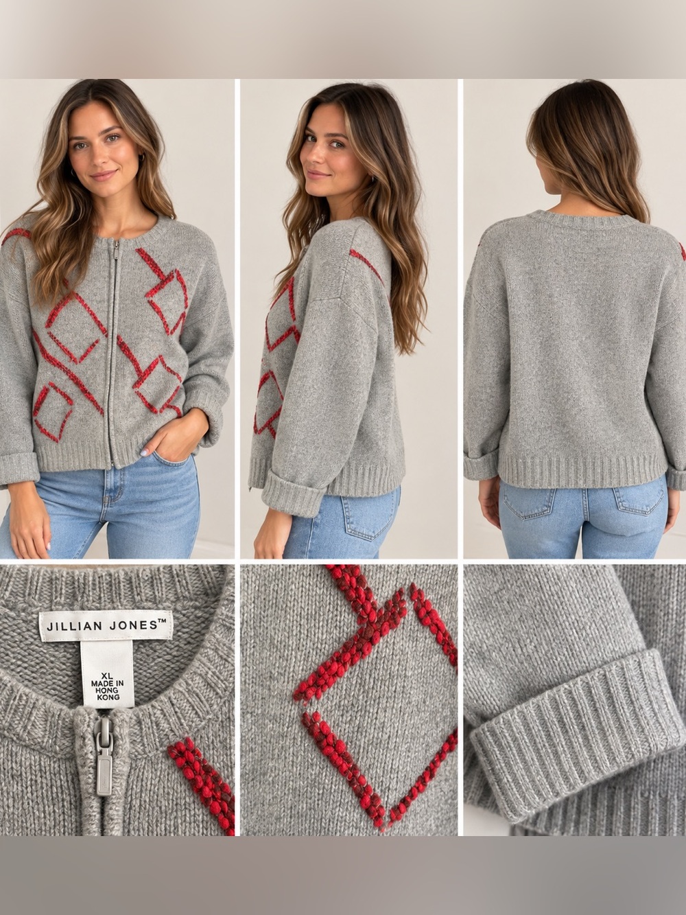 Vintage Jillian Jones Gray Red Geometric Zip Cardigan Sweater XL
